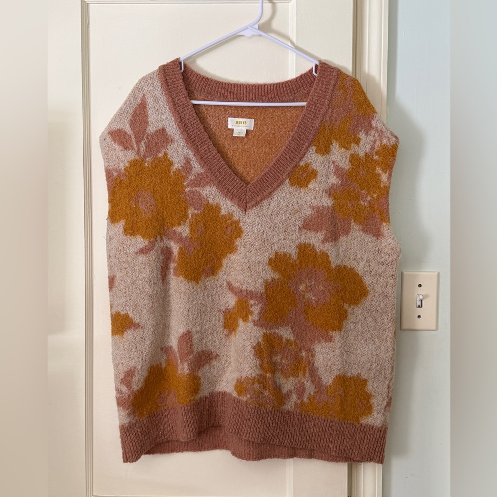 Anthropologie Floral V-Neck Sweater Vest - Pink and Orange